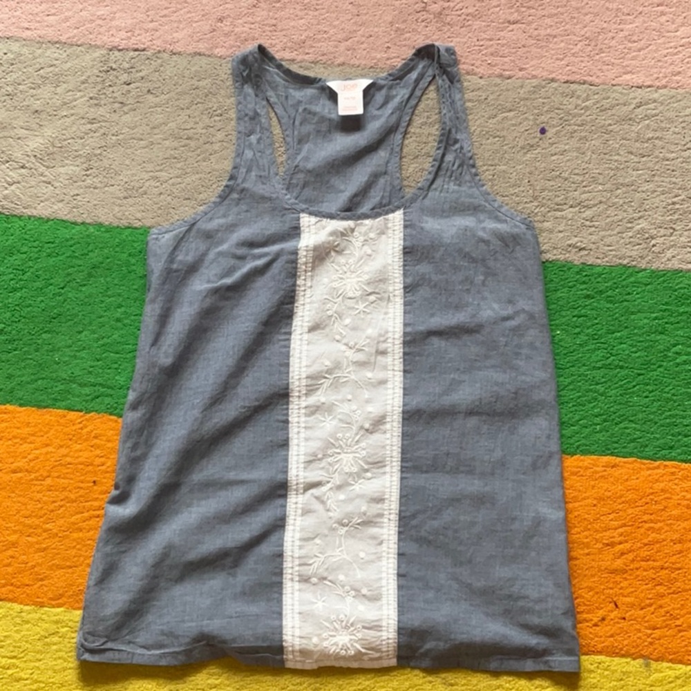 deep blue top with strip of white down the middle